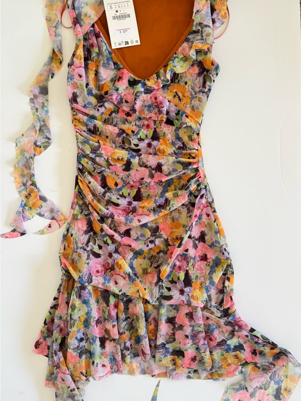 Brand New: Zara Multicolored Floral Print Ruffled Mesh Dress
